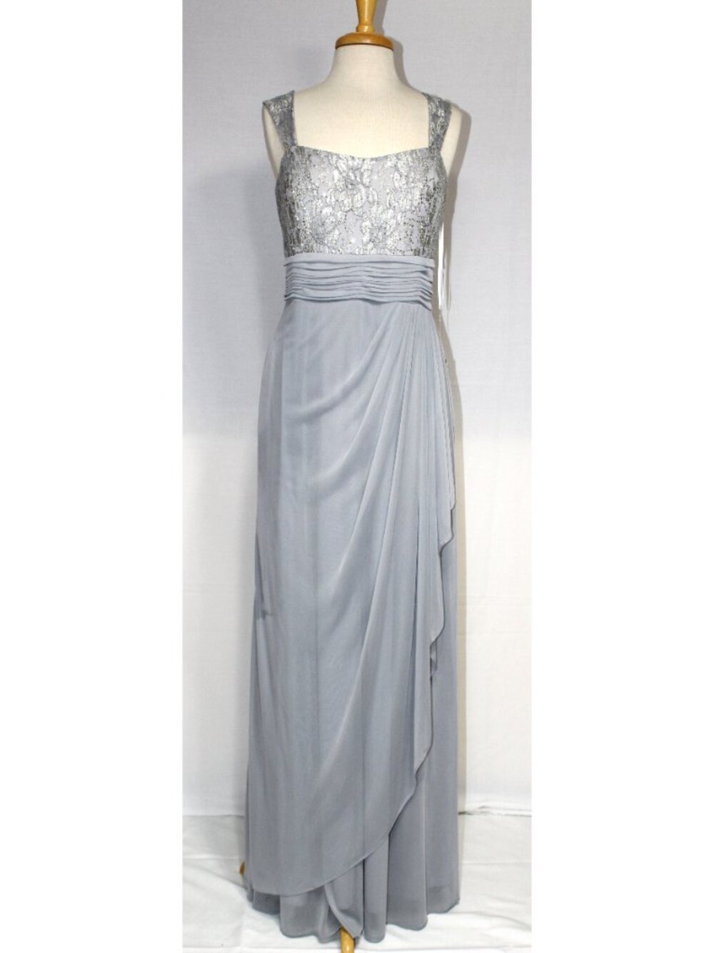 Eva USA #3094 Chiffon and Lace Formal Evening Gown-Size S-SILVER-NEW W/Tags